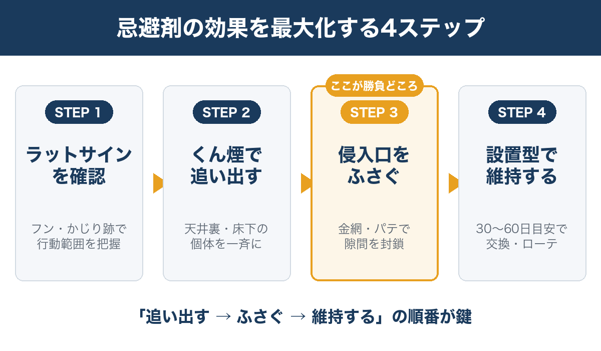 ネズミ忌避剤の効果を最大化する4ステップ(確認・追い出し・封鎖・維持)の図解