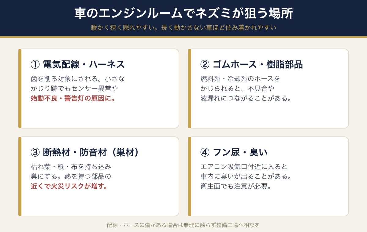 車のエンジンルームでネズミが狙う4部位(電気配線・ゴムホース・断熱材/巣材・フン尿)と被害を示す図