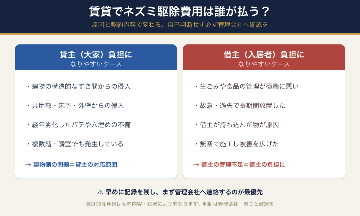 賃貸アパートのネズミ駆除費用の負担。建物の構造的な問題は貸主負担、借主の管理不足は借主負担になりやすいケースの比較図