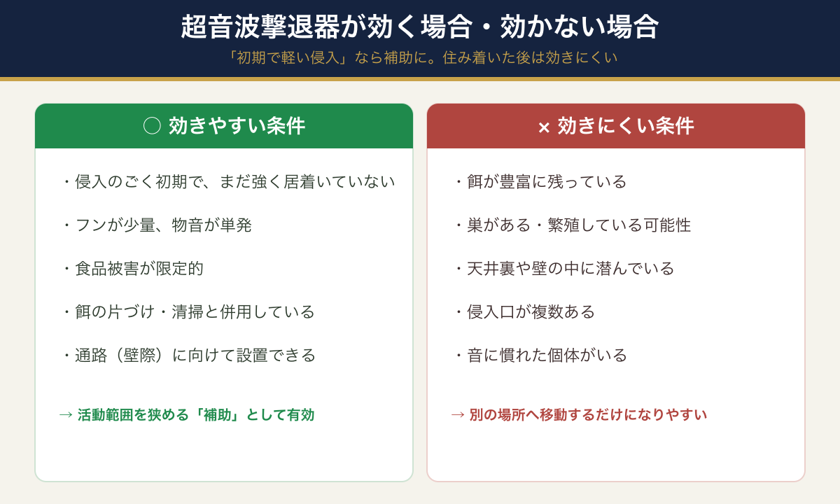 ネズミ超音波撃退器が効きやすい条件(侵入初期・フン少量)と効きにくい条件(餌が豊富・繁殖・天井裏・侵入口が複数)を並べた比較図