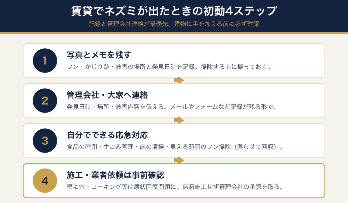 賃貸でネズミが出たときの初動4ステップ(写真とメモを残す・管理会社へ連絡・自分でできる応急対応・施工は事前確認)の図