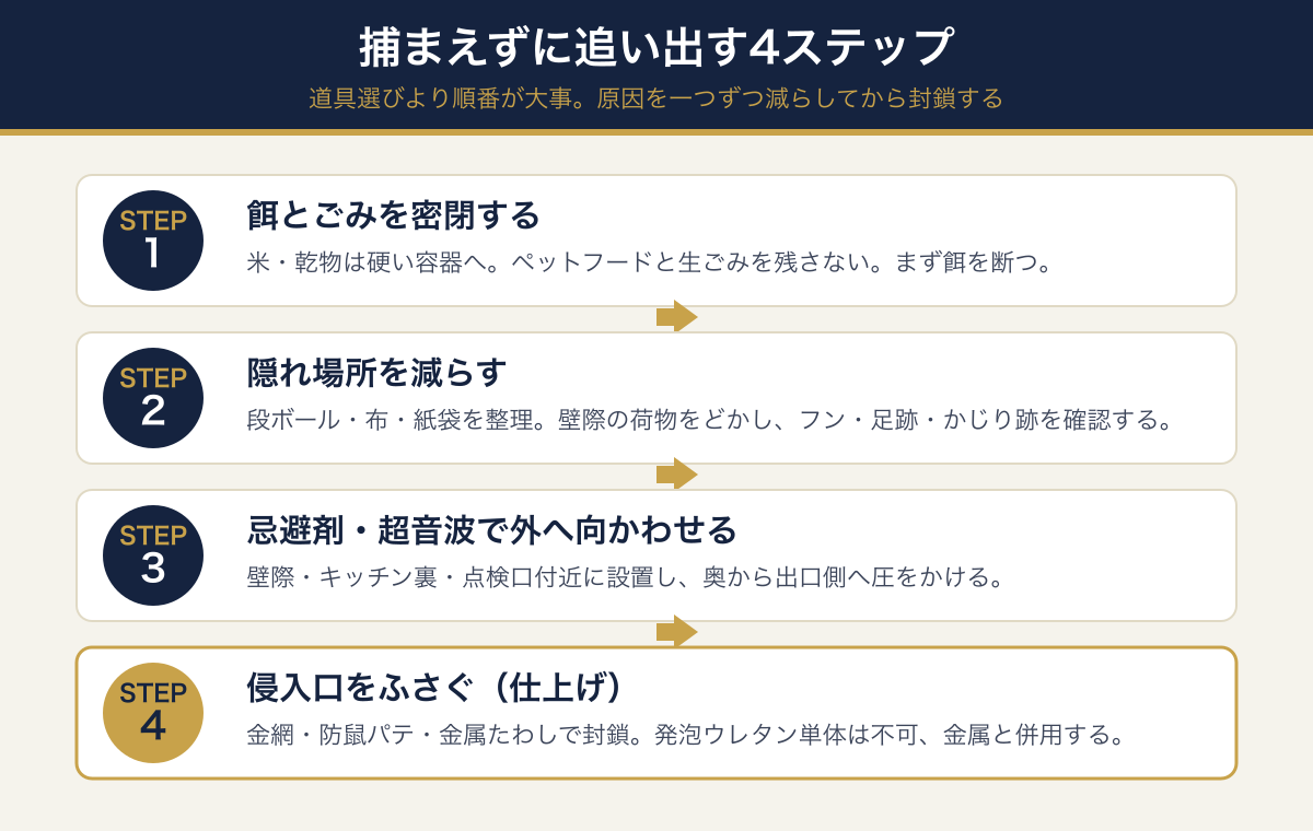 ネズミを捕まえずに追い出す4ステップ(餌を密閉・隠れ場所を減らす・忌避で外へ・侵入口を封鎖)の手順図
