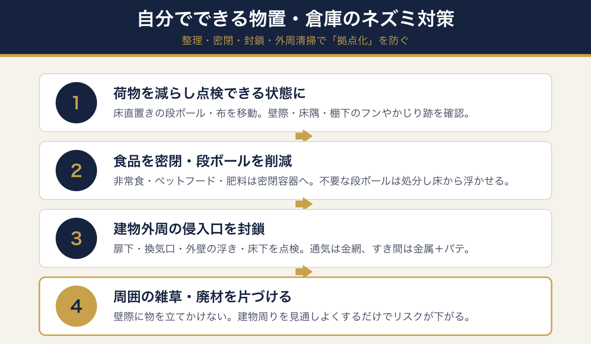 自分でできる物置・倉庫のネズミ対策4ステップ(荷物を減らす・食品密閉と段ボール削減・外周の侵入口を封鎖・雑草と廃材を片づける)の図