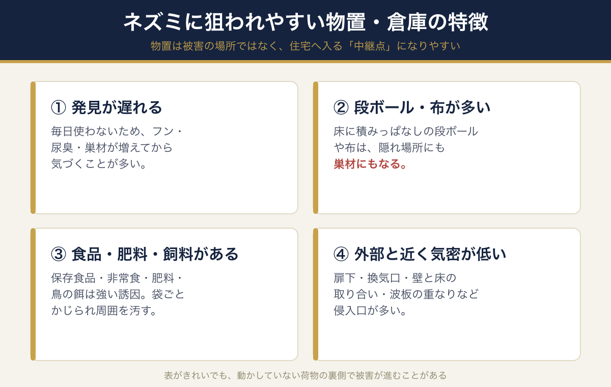 ネズミに狙われやすい物置・倉庫の特徴4つ(発見が遅れる・段ボールや布が多い・食品や肥料がある・外部と近く気密が低い)の図