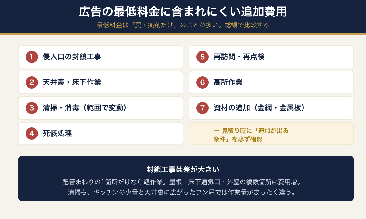 ネズミ駆除で広告の最低料金に含まれにくい7つの追加費用(侵入口封鎖・天井裏床下作業・清掃消毒・死骸処理・再訪問・高所作業・資材追加)の図