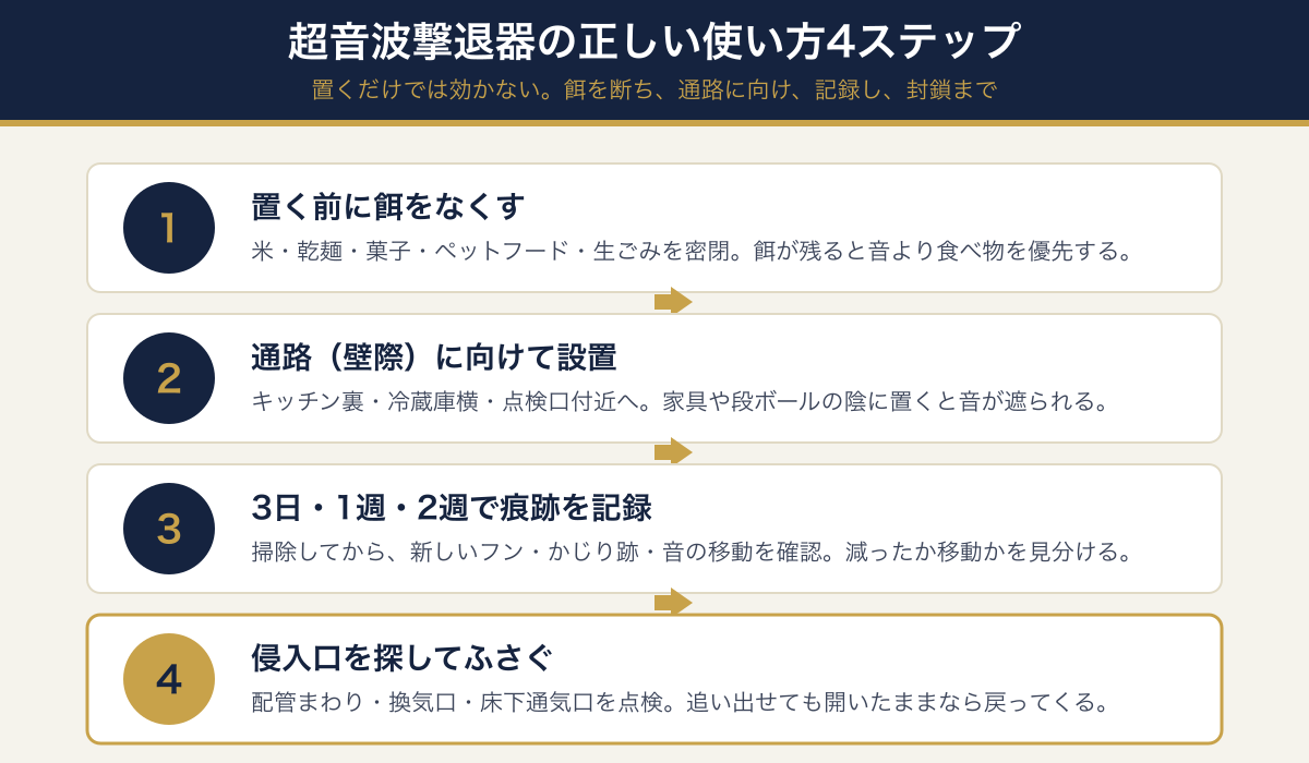 超音波撃退器の正しい使い方4ステップ(餌をなくす・通路に向けて設置・痕跡を記録・侵入口を封鎖)の図