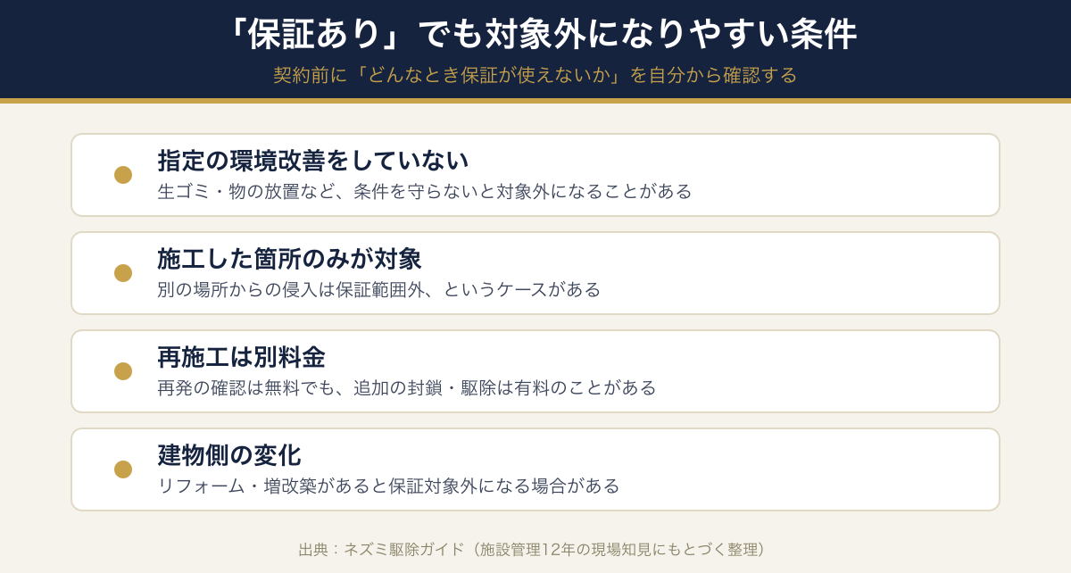 ネズミ駆除で「保証あり」でも対象外になりやすい条件。環境改善未実施・施工箇所限定・再施工は別料金・建物変化・封鎖を依頼に含めていない場合の注意点