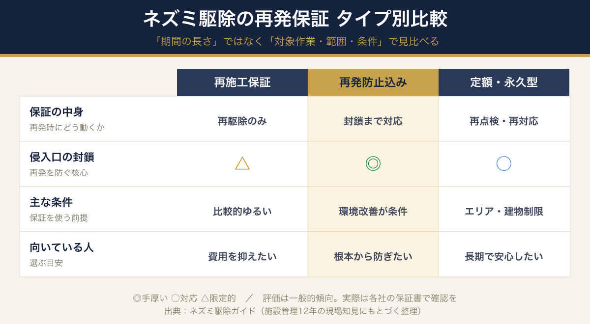 ネズミ駆除の再発保証タイプ別比較マトリクス。再施工保証・再発防止込み保証・定額永久保証型を保証の中身・侵入口封鎖・条件・向いている人で比較した図
