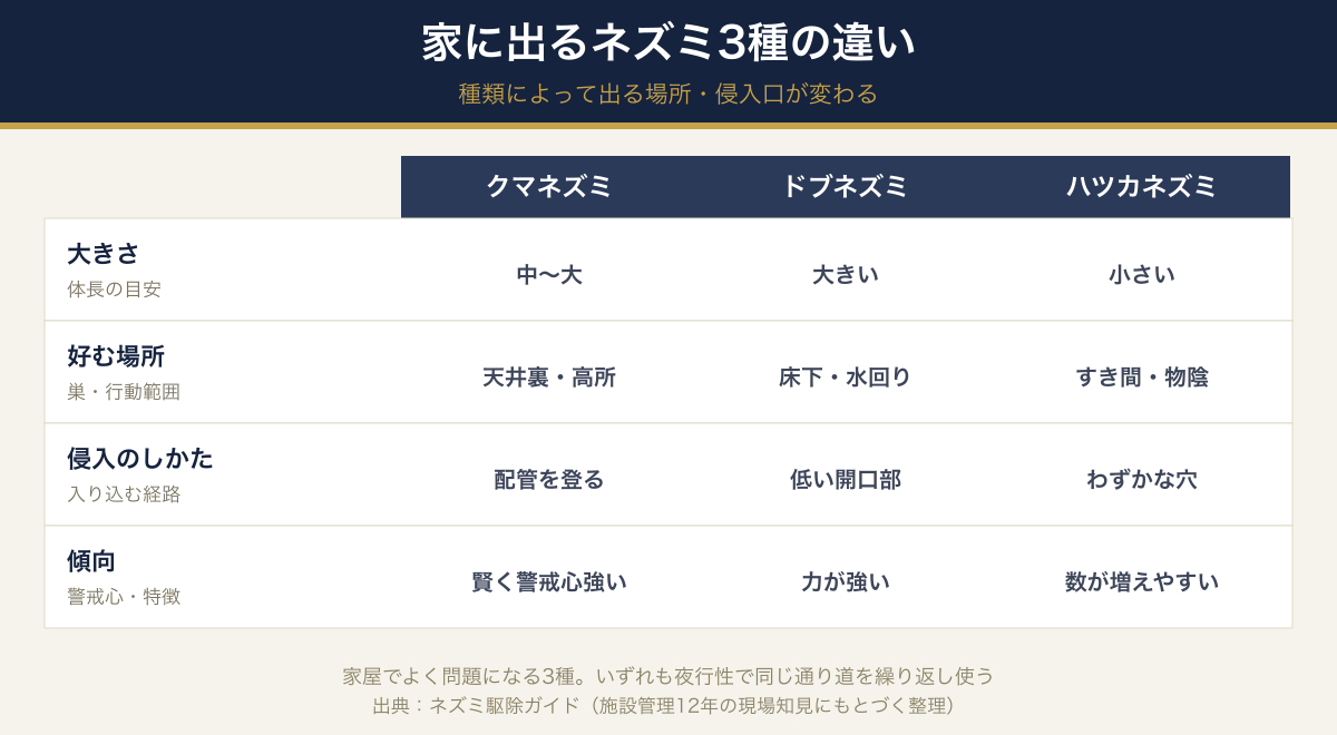 家に出るネズミ3種の違い。クマネズミ・ドブネズミ・ハツカネズミの大きさ・好む場所・特徴を比較したイラスト図