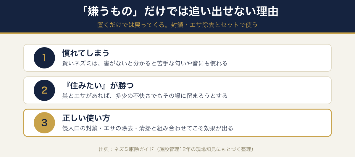 ネズミが「嫌うもの」だけでは追い出せない理由。慣れと「住みたい欲が勝つ」という2つの習性を示した解説図