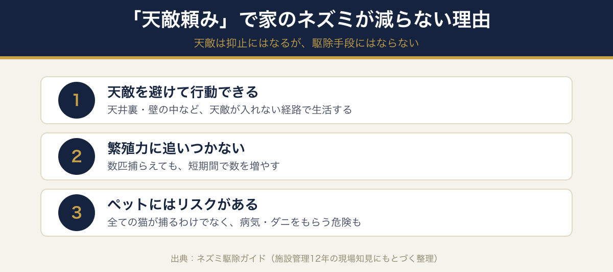 天敵頼みで家のネズミが減らない3つの理由。天敵を避けて行動できる・繁殖力に追いつかない・ペットの天敵には限界とリスクがあることを示した解説図